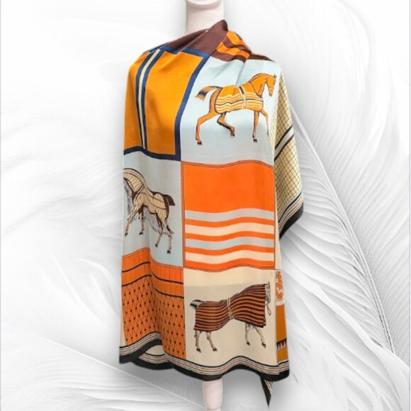 Silk-Feeling Equestrian Print Scarf, Large Square Horse Pattern Shawl - Picture 2 of 6